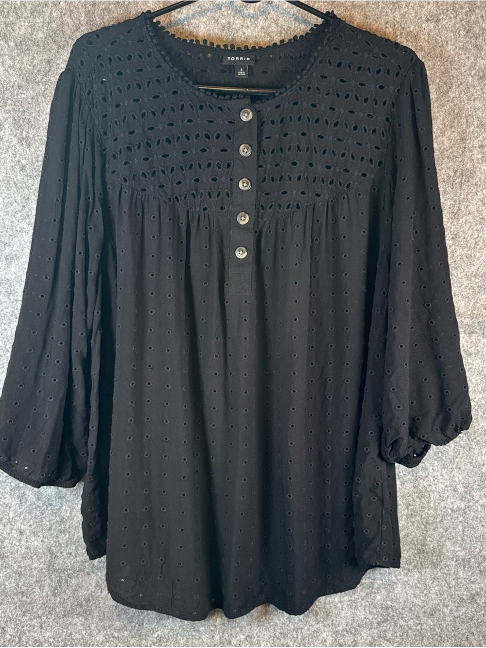 Torrid 3 (3X) Black Eyelet Babydoll Blouse 3/4 Sleeve Cotton/Rayon - Picture 2 of 12